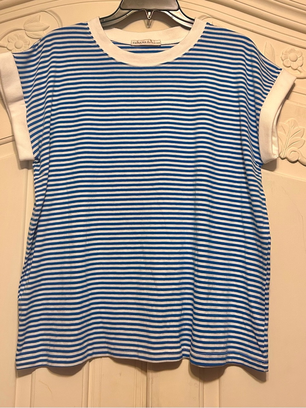 Zenana Outfitters White and Blue Striped Tee